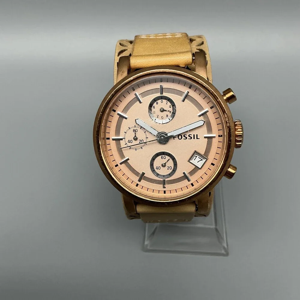 Fossil Womens Watch 38mm Rose Gold Tone Leather Chronograph Date New Battery